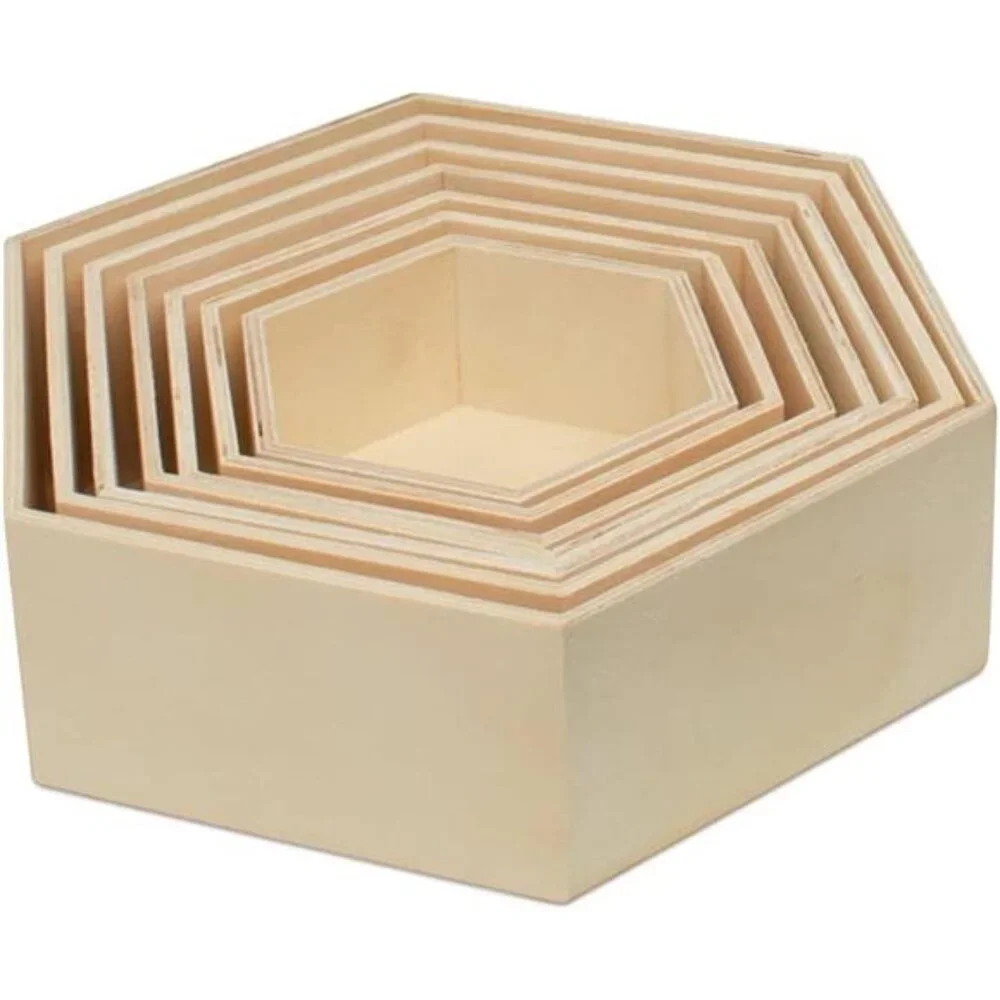 New Wooden Hexagon Floating Shelves with Backs, 2 Sets of 7, Unfinished